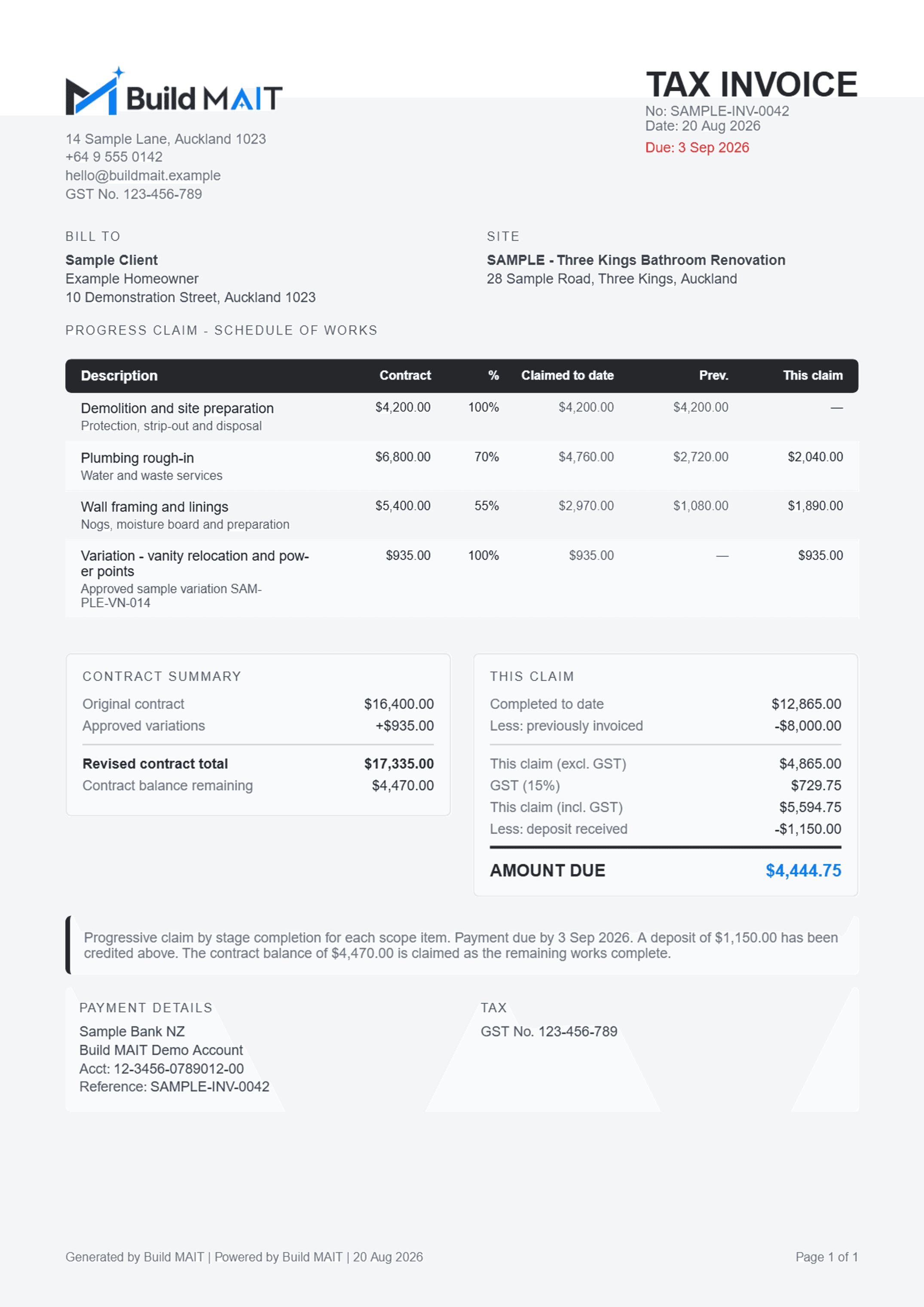 A Build MAIT construction invoice showing company identity, line items, totals and bank details