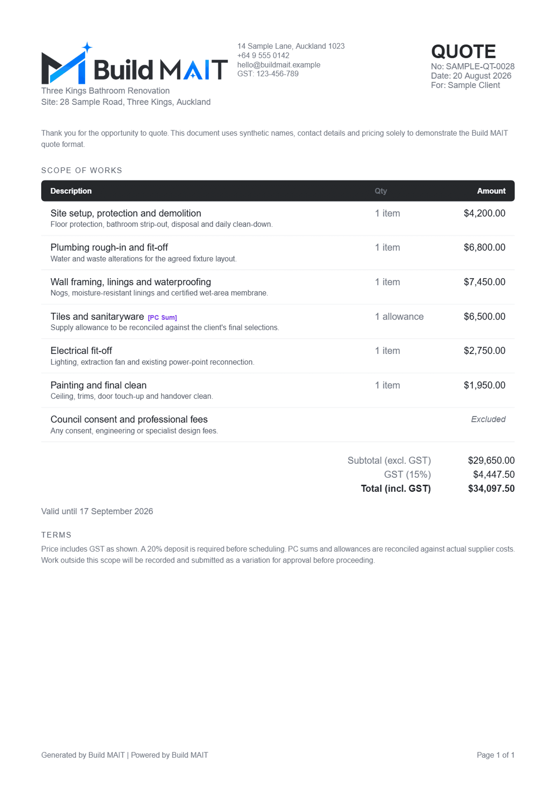 A Build MAIT construction quote showing company identity, scope, itemised pricing, GST and terms