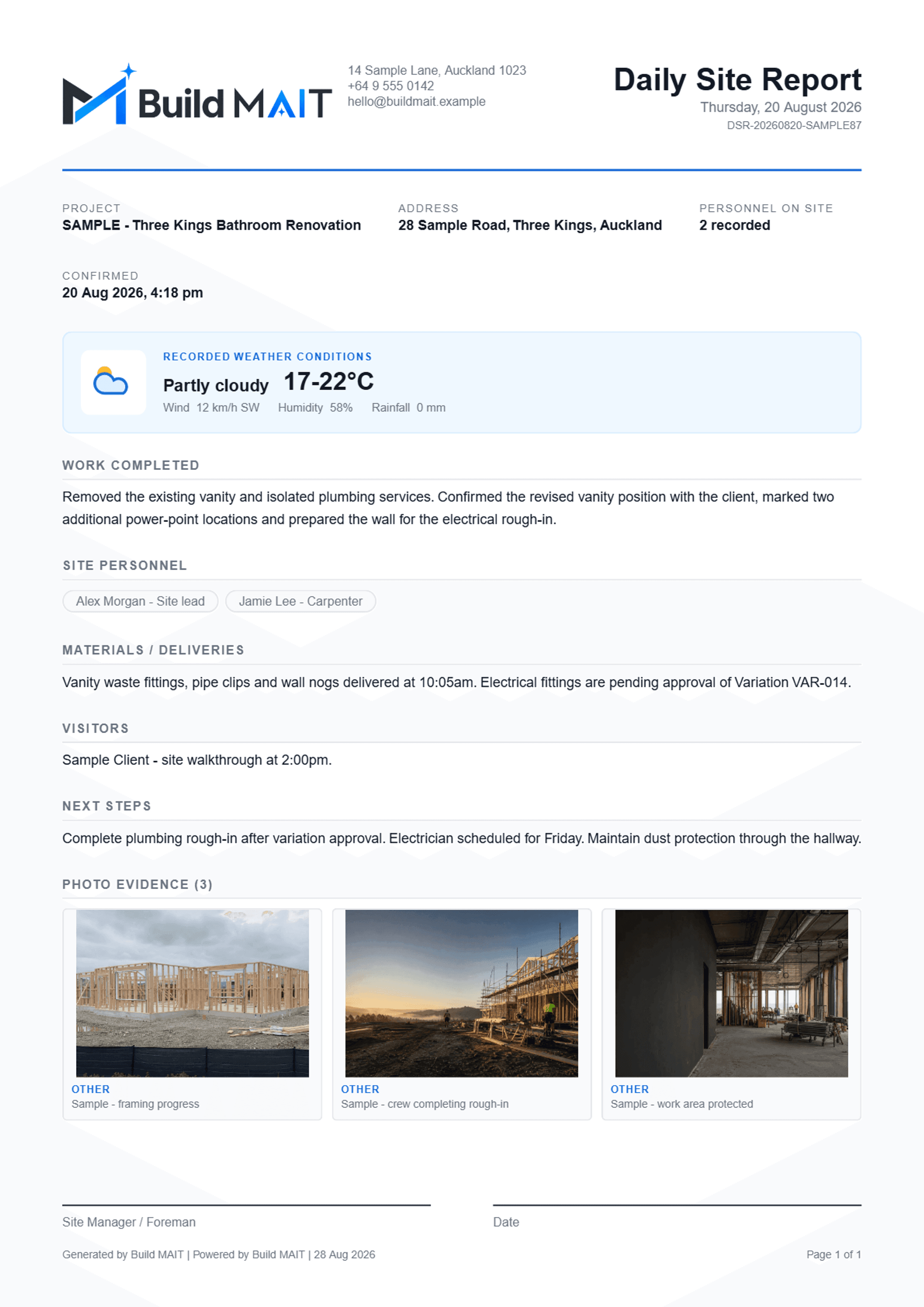 A Build MAIT daily site report showing weather, work completed, crew, next steps and photo evidence